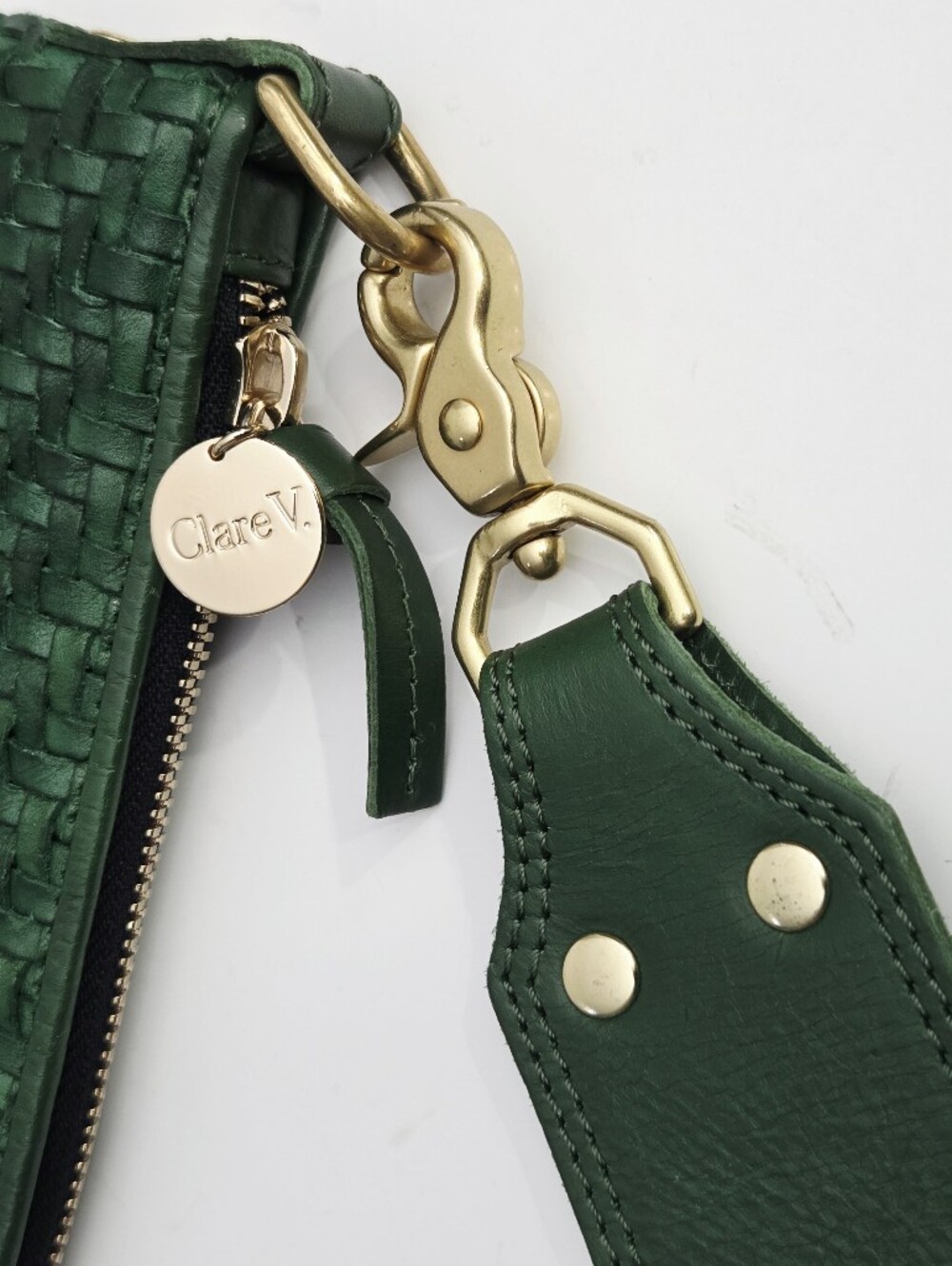 EXCELLENT CLARE V MOYEN MESSENGER BAG - EVERGREEN WOVEN ZIG-ZAG LEATHER - Picture 7 of 11